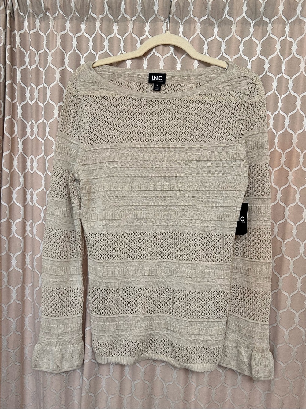 INC International Concepts Cream Open-Knit Crewneck Sweater